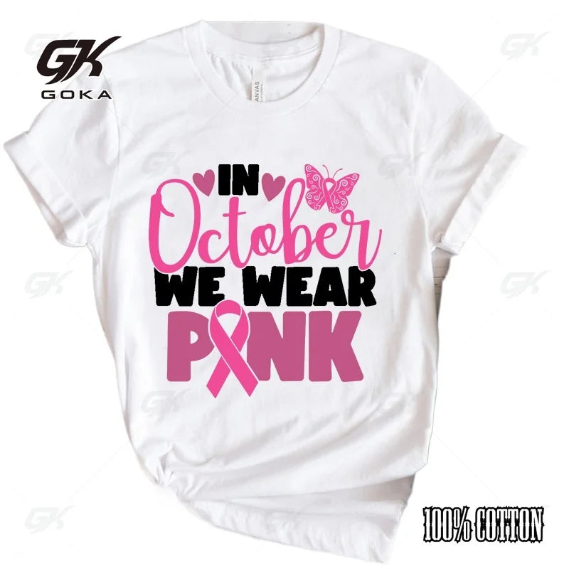 the PINK OCTOBER - Breast Cancer Awareness In October We Wear Pink Print T-Shirt for Women