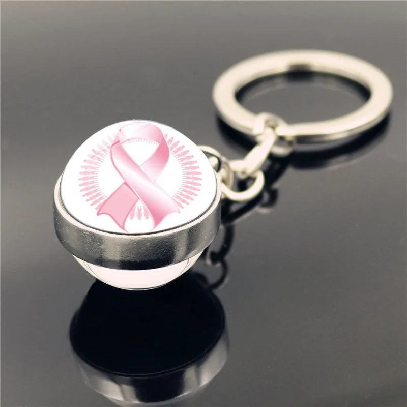 the RIBBON SPHERE - Pink Ribbon Breast Cancer Pendant Keychain