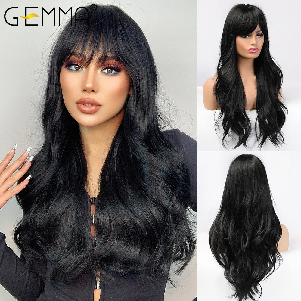 the LOLITA - Synthetic Burgundy Long Wavy Wig, Wine Red Colorful Cosplay Lolita Wigs with Bangs for Women, Natural Hair Heat Resistant