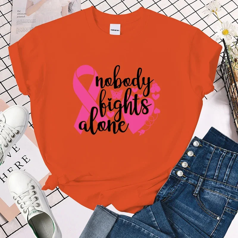 the STRONGER TOGETHER - Breast Cancer Awareness Nobody Fights Alone Printing Shirt Short Sleeve T Shirt