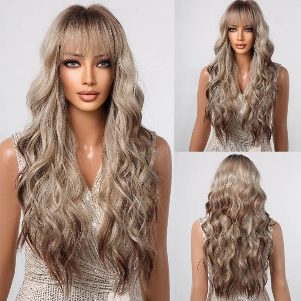 the MADELEINE - Ombre Honey Brown Synthetic Hair Wigs, Long Natural Body Wavy Wig with Bangs, Realistic Daily Party Soft Wig Heat Resistant Fiber