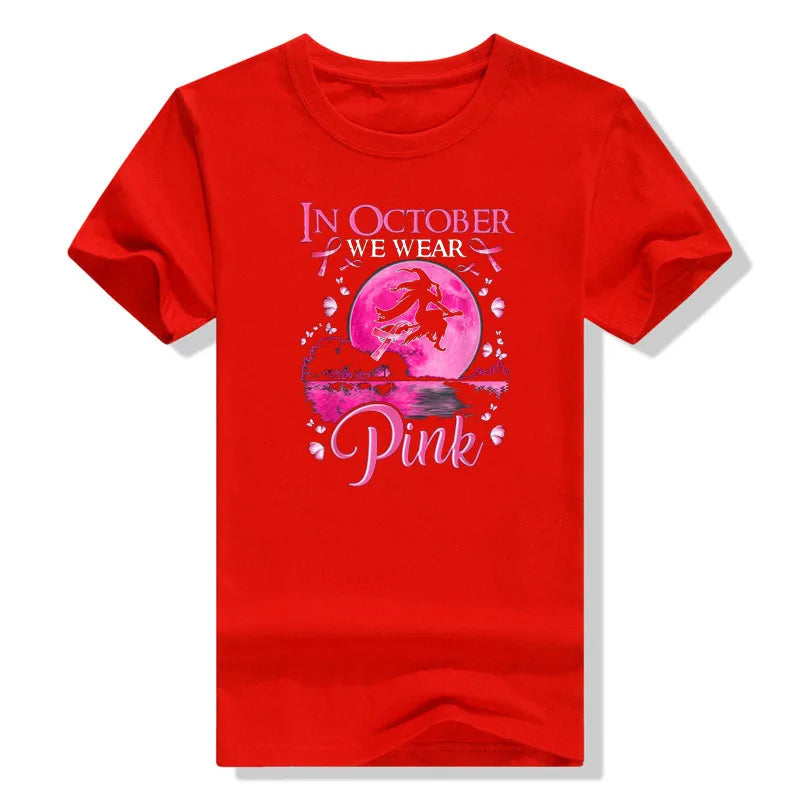 the PINK MOON - In October We Wear Pink Ribbon Witch Halloween Costume Breast Cancer T-Shirt for Women
