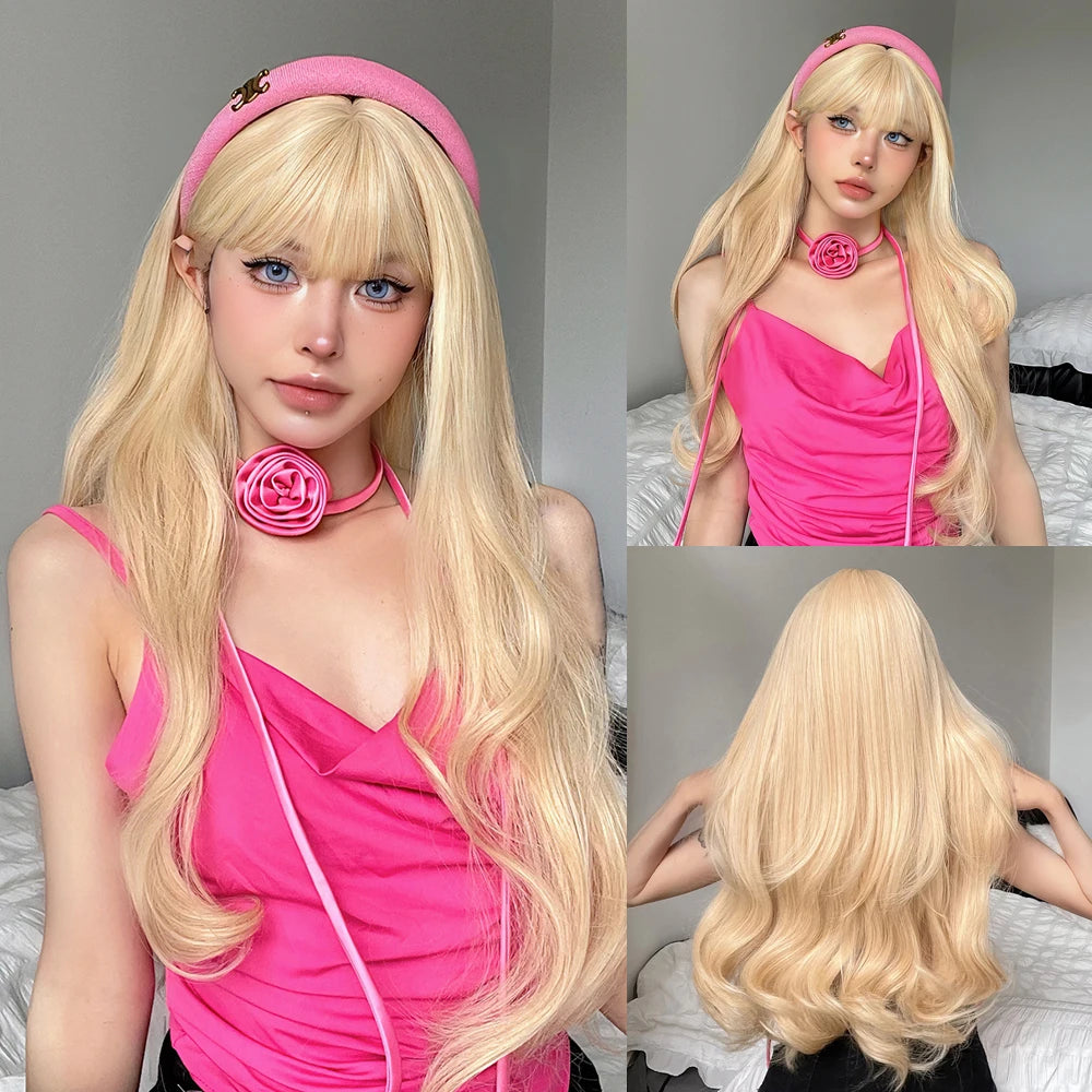 the LOLITA - Synthetic Burgundy Long Wavy Wig, Wine Red Colorful Cosplay Lolita Wigs with Bangs for Women, Natural Hair Heat Resistant