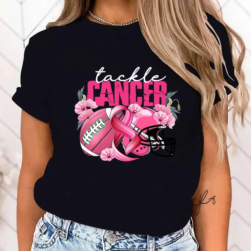 the TACKLE CANCER - Fashion Funny Breast Cancer Awareness Tackle Cancer Printed T-Shirts for Women