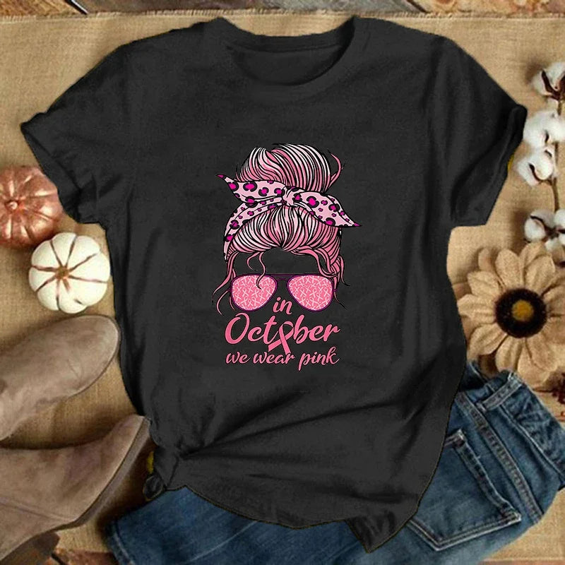 the MESSY BUN - Breast Cancer Printed T-Shirts, Summer Short Sleeve Tee Shirts Round Neck Casual Ladies Tops