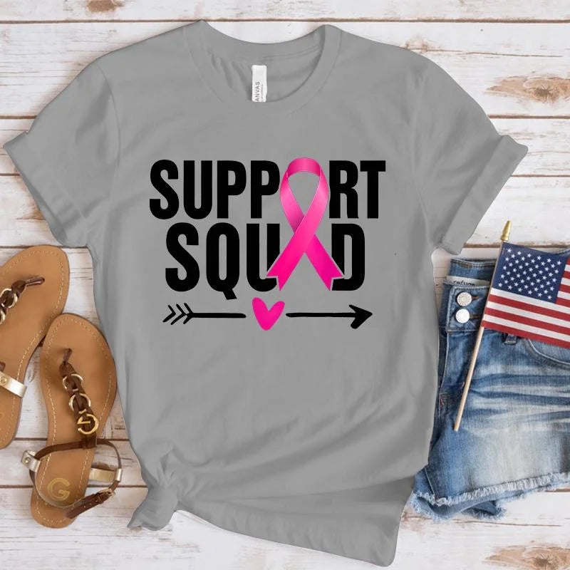 the SUPPORT SQUAD - Breast Cancer Awareness Support Squad Printed Short Sleeve Shirts for Women