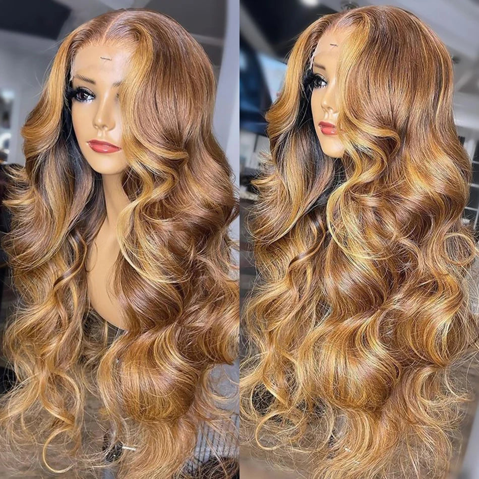 the BECKY - 13x6 Highlight Lace Frontal Wig, Human Hair Body Wave Ombre Colored Honey Blonde Lace Front Human Hair Wigs for Women Pre-Plucked
