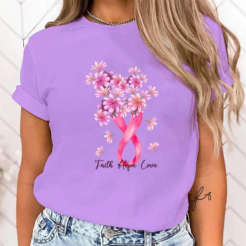 the FLORAL RIBBON - Breast Cancer Awareness Faith Hope Love Print T-Shirt Short Sleeve O Neck Loose Women Summer Cool T-Shirt