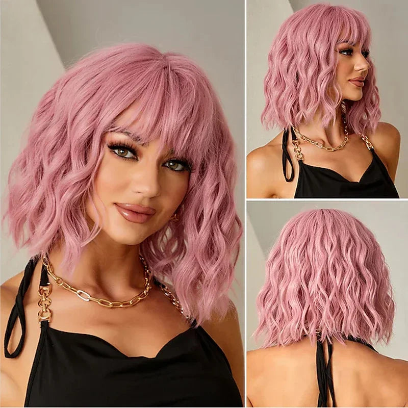 the POP STAR - Synthetic Hair Women Pink Bob Wigs, Short Curly Heat Resistant Party Wig