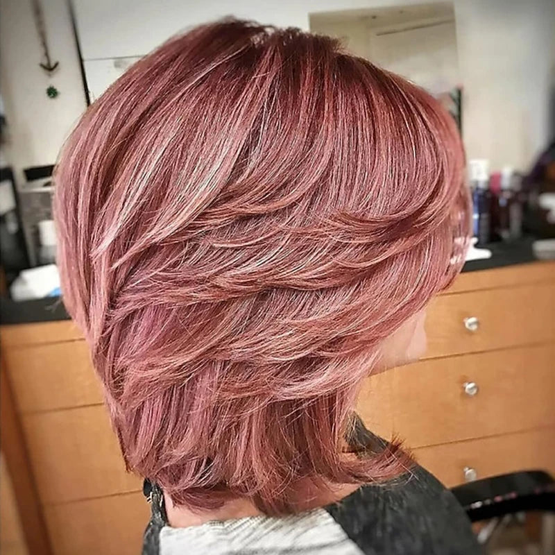 the LAYERED BOB - Dark Gray Ombre Layered Wigs with Bangs for Women, Synthetic Hair Short Gray Highlight Straight Layered Bob Wig