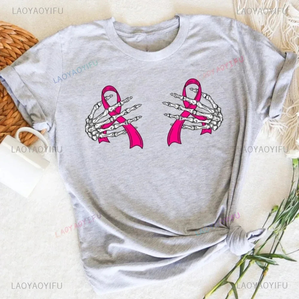 the SPOOKY HANDS - Skeleton Hands Pink Ribbon T-Shirt Breast Cancer Awareness