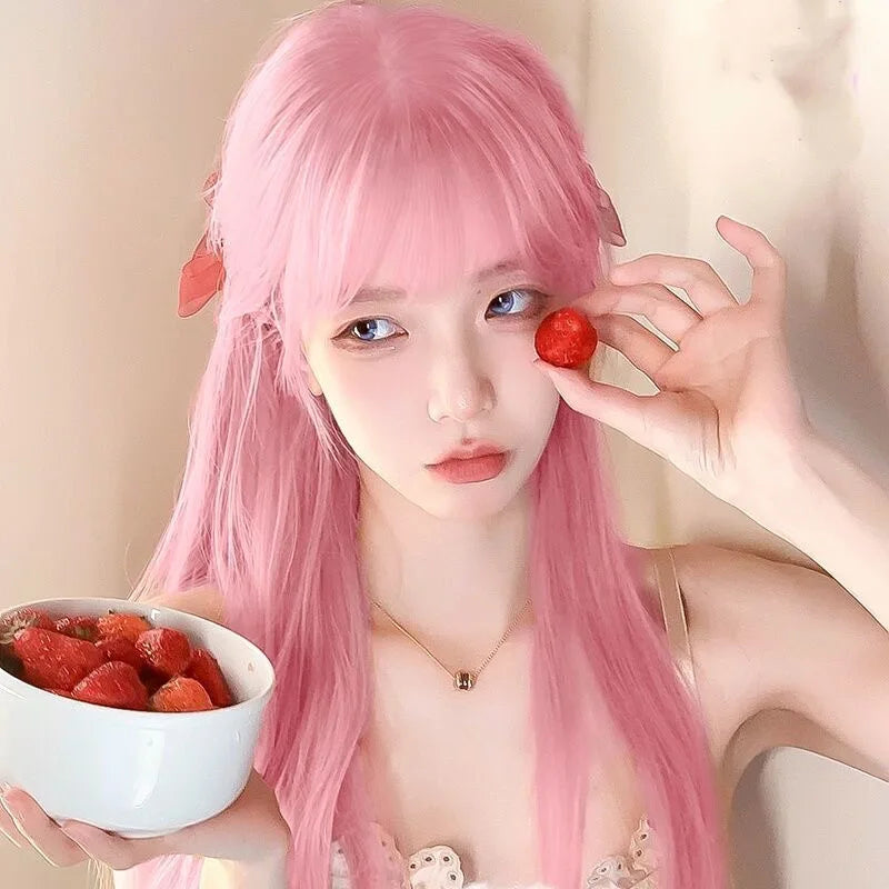 the PINK GIRL - Pink Long Straight Synthetic Wig, Air Fringe Daily Cosplay Party Heat Resistant Full Headgear