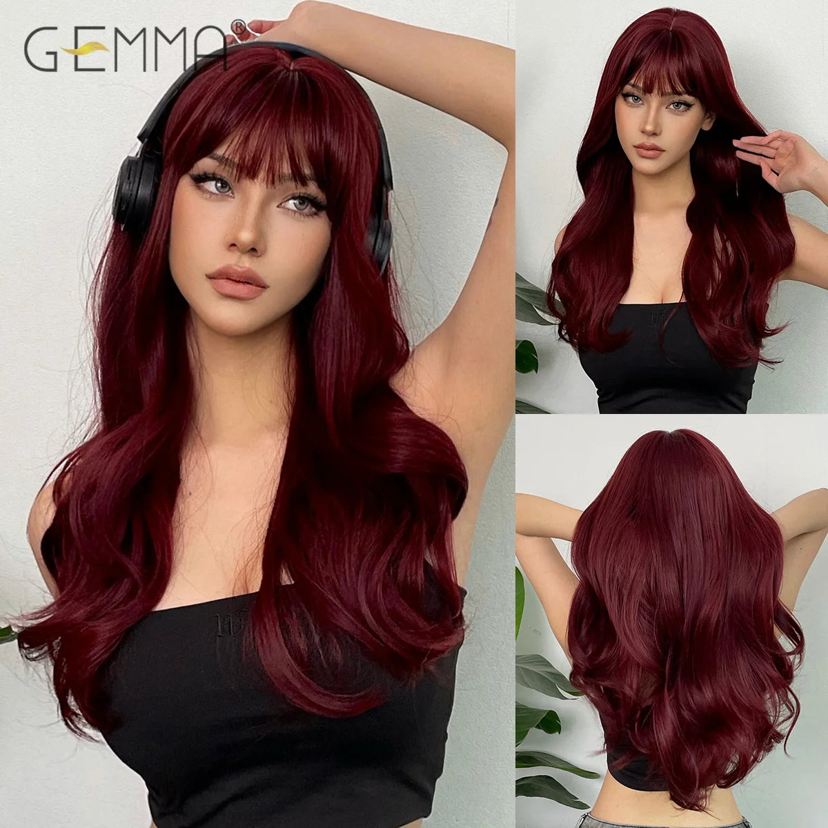 the LOLITA - Synthetic Burgundy Long Wavy Wig, Wine Red Colorful Cosplay Lolita Wigs with Bangs for Women, Natural Hair Heat Resistant