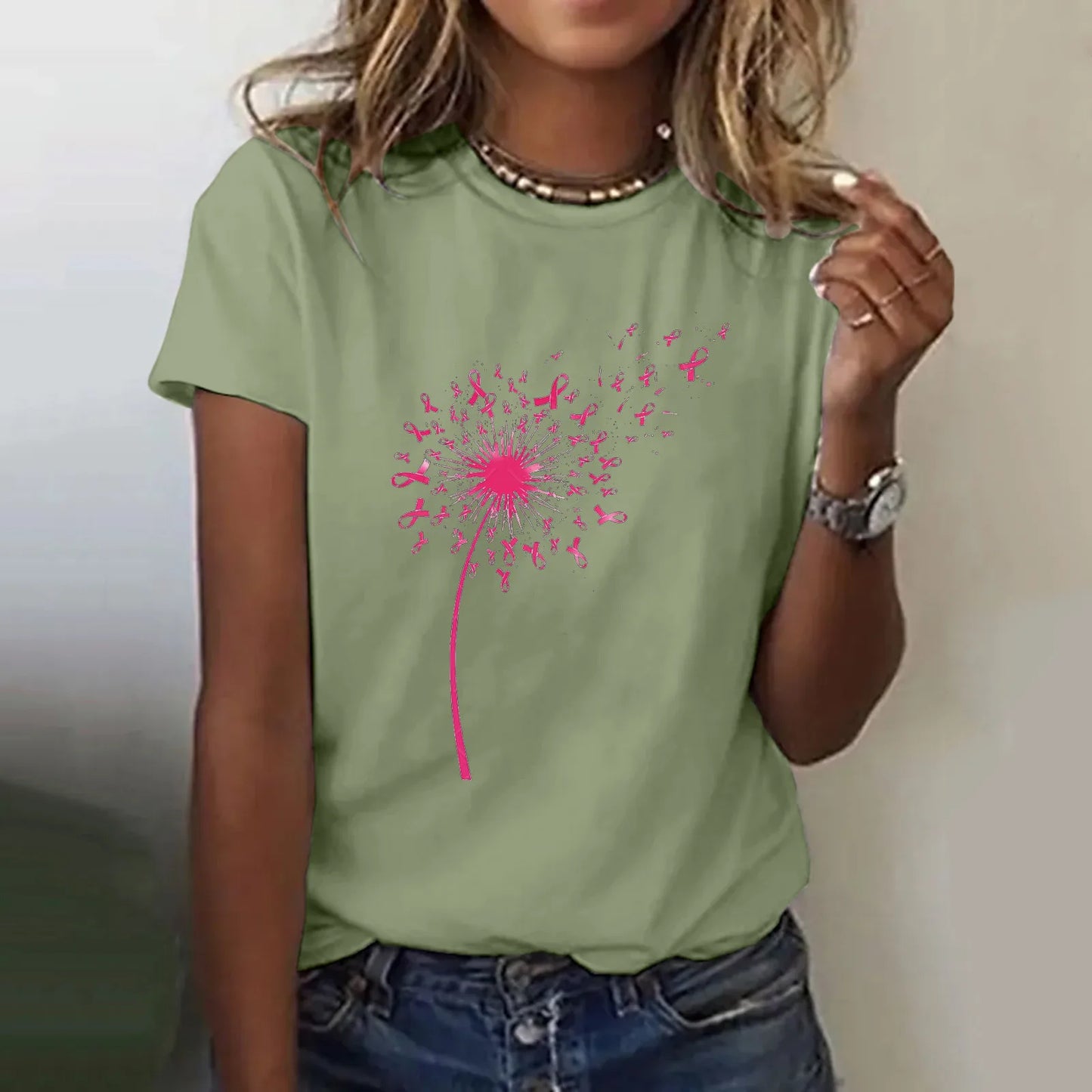 the RIBBON DANDELION - Pink Ribbon Dandelion Print Casual Tops for Women