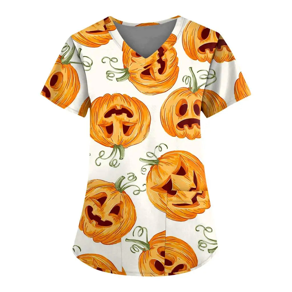 Women's Hospital Uniform Halloween Cartoon Print Dental Nurse Tops V-Neck Short Sleeve with Pocket Tee Medical Uniform for Women