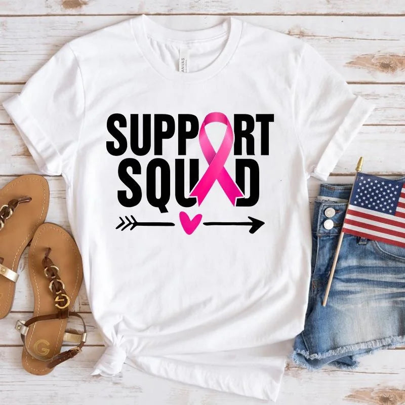 the SUPPORT SQUAD - Breast Cancer Awareness Support Squad Printed Short Sleeve Shirts for Women