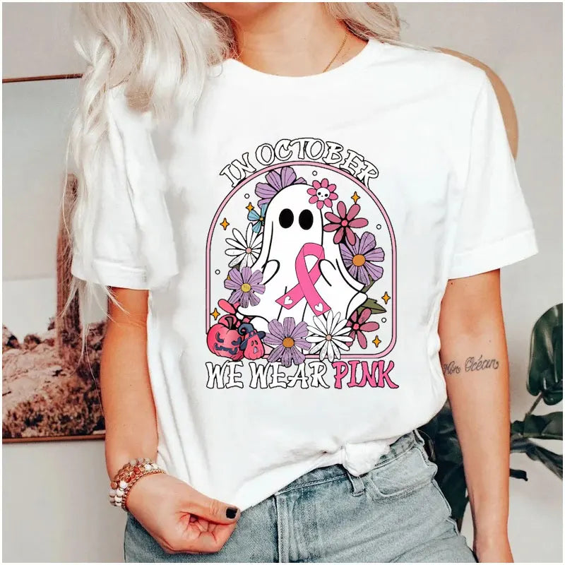 the OCTOBER COLLECTION - In October We Wear Pink Print T-Shirts Ghost Halloween Cute Pink Ghost Breast Cancer Awareness