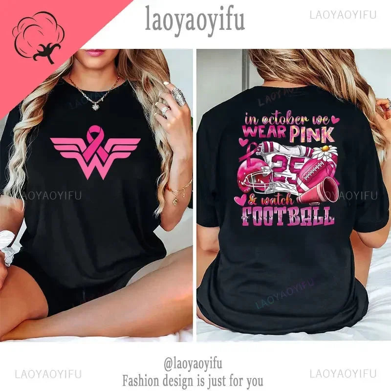 the PINK RIBBON COLLECTION - In October Pink We Wear Graphic T-Shirts for Women Breast Cancer Awareness