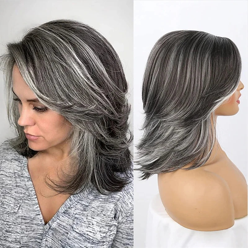 the LAYERED BOB - Dark Gray Ombre Layered Wigs with Bangs for Women, Synthetic Hair Short Gray Highlight Straight Layered Bob Wig