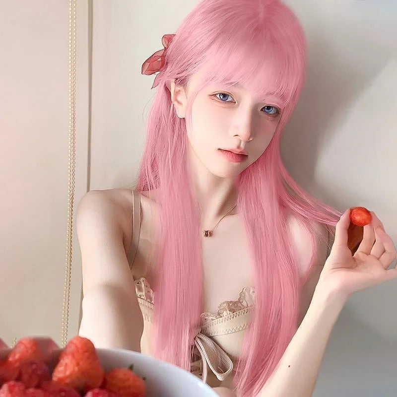 the PINK GIRL - Pink Long Straight Synthetic Wig, Air Fringe Daily Cosplay Party Heat Resistant Full Headgear