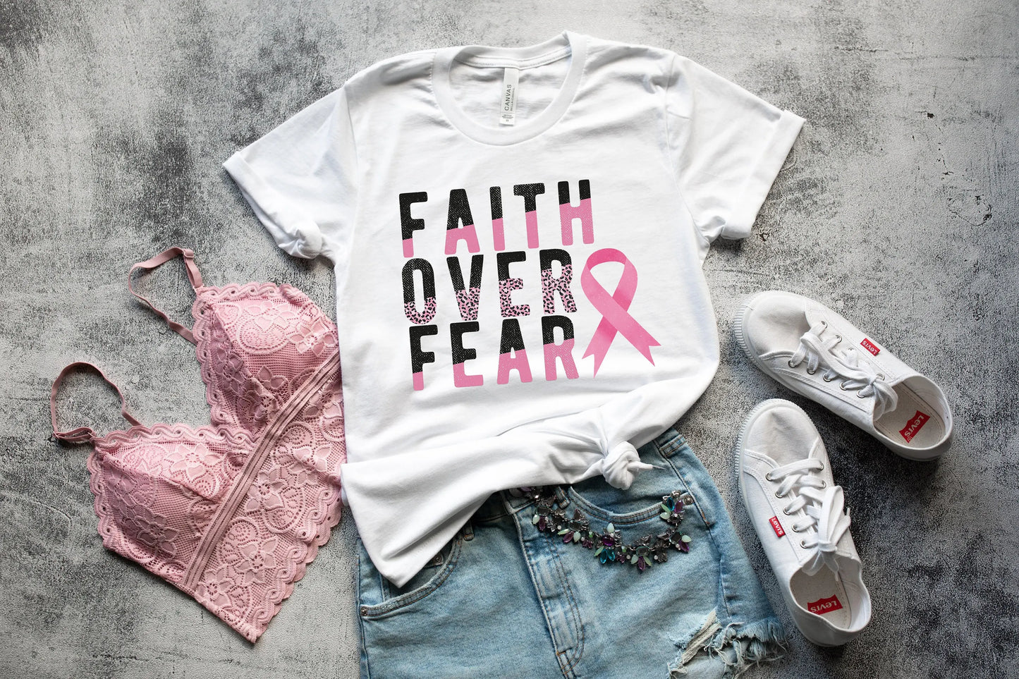the FAITH OVER FEAR - Leopard Print Breast Cancer Awareness Pink Ribbon T-Shirt