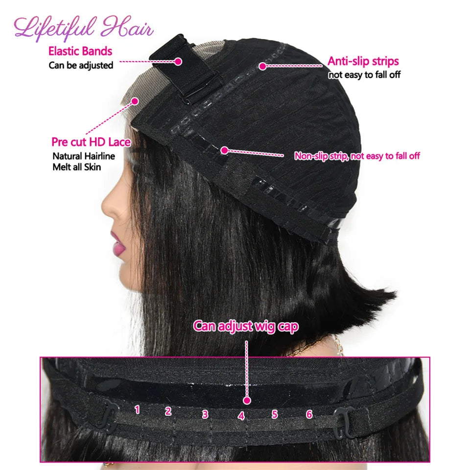 the CLEO - Glueless Bob Hair Wig, Human Hair Ready to Wear Straight Transparent 4x4 Lace Closure Wigs for Women, Glueless Wigs Human Hair