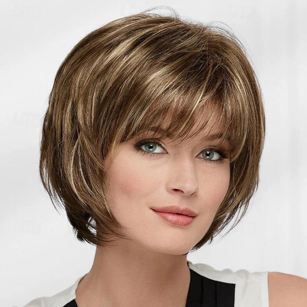 the LINDA - Synthetic Hair Short Straight Wigs for Women, Mixed Brown Wigs with Bangs, Short Hair Wigs