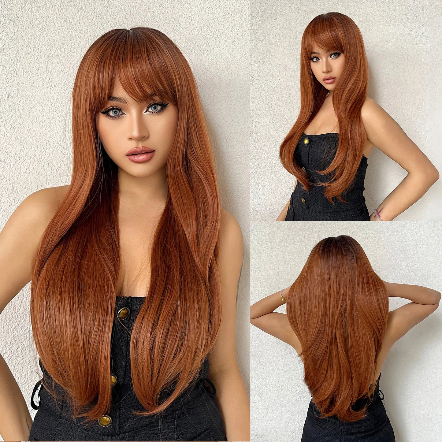 the ANNIE - Copper Ginger Brown Long Straight Wig, Synthetic Women's Wigs Middle Part Cosplay Daily Use Natural Hair Heat Resistant Fibre