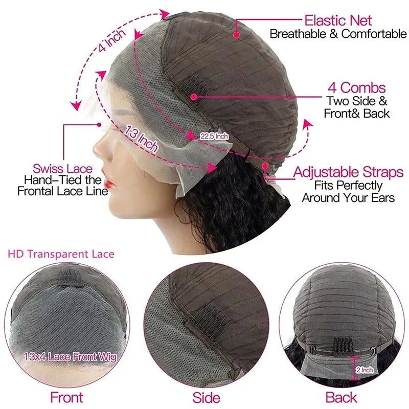 the ROSALINA - 200 Density Curly Bob 13x6 HD Transparent Body Wave Lace Frontal Wig, 100 Humano 13x4 Lace Front Wig For Women