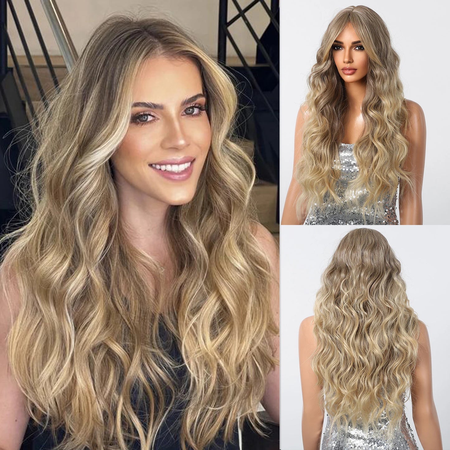 the BANG BADDIE - Ombre Brown Synthetic Long Wavy Wig with Fluffy Bangs for Women, Natural Hair Brown Blonde Highlight Wigs for Daily Cosplay Use