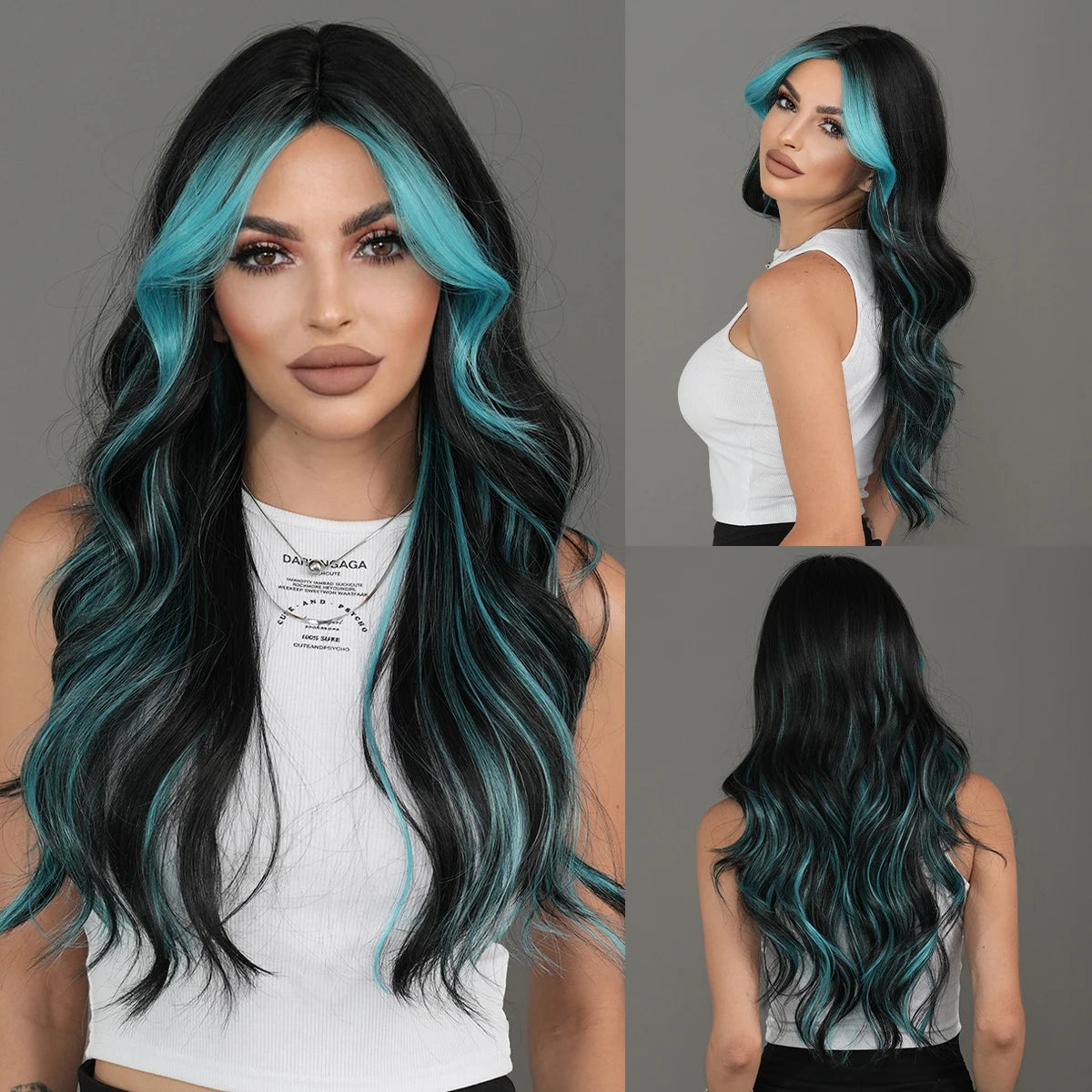 the X-WOMAN ROGUE - Layered Wig Synthetic Light Blue Wig for Women, Cosplay Resistant Fiber Highlight Blue Wavy Wigs with Fluffy Bangs