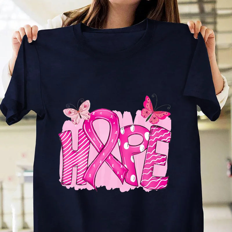 the HOPE BUTTERFLIES - Pink Breast Cancer Awareness Graphic Printed T-Shirt Breast Cancer Prevention Women's Round Neck Short Sleeve T-Shirt