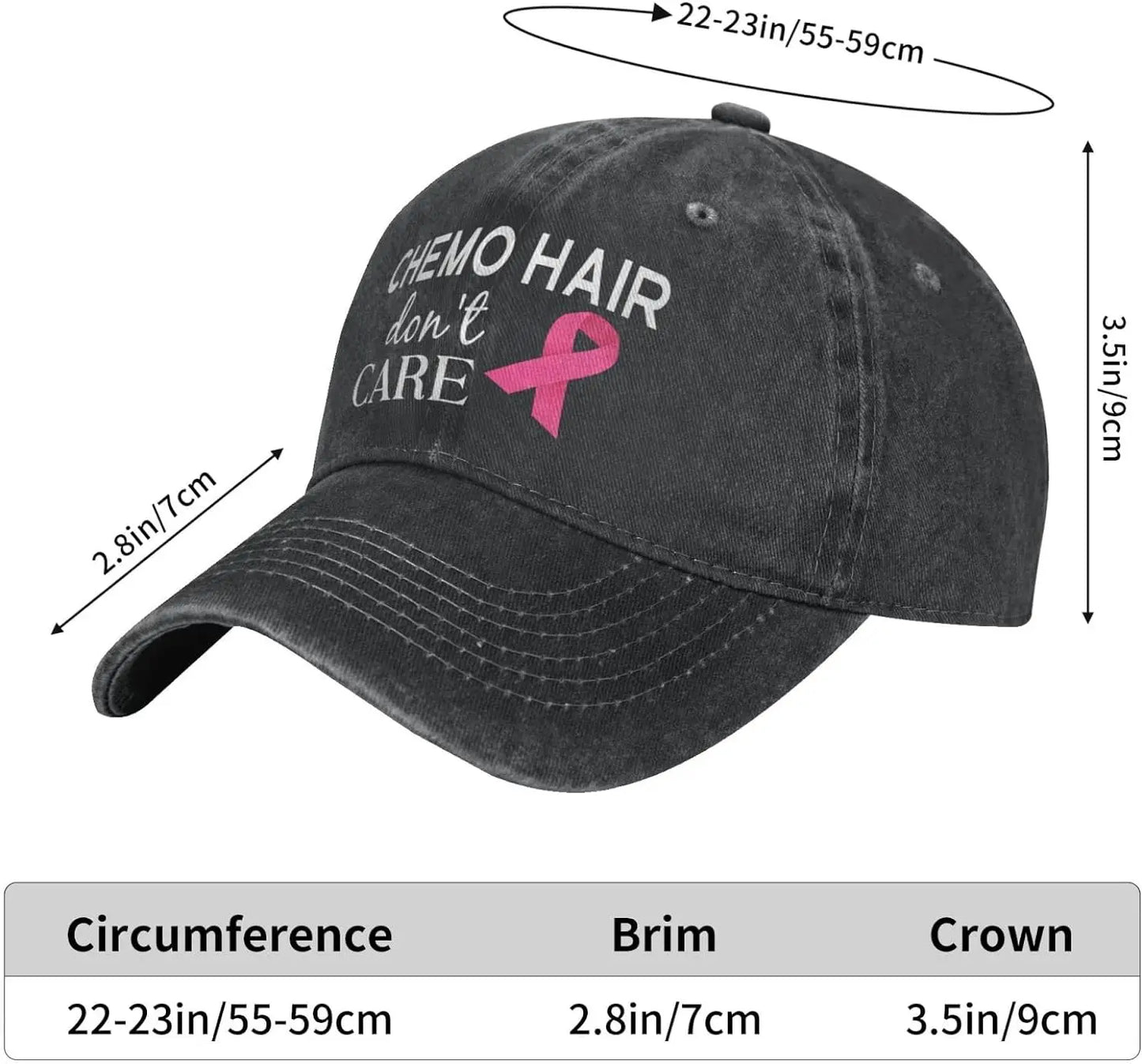the CHEMO HAIR DON'T CARE - Vintage Distressed Adjustable Breast Cancer Awareness Pink Ribbon Baseball Cap Denim Cap