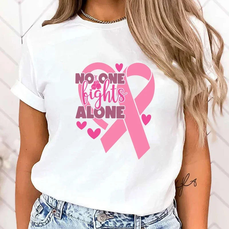 the NOT ALONE - High Quality Breast Cancer Awareness No One Fights Alone Print T-Shirt for Women