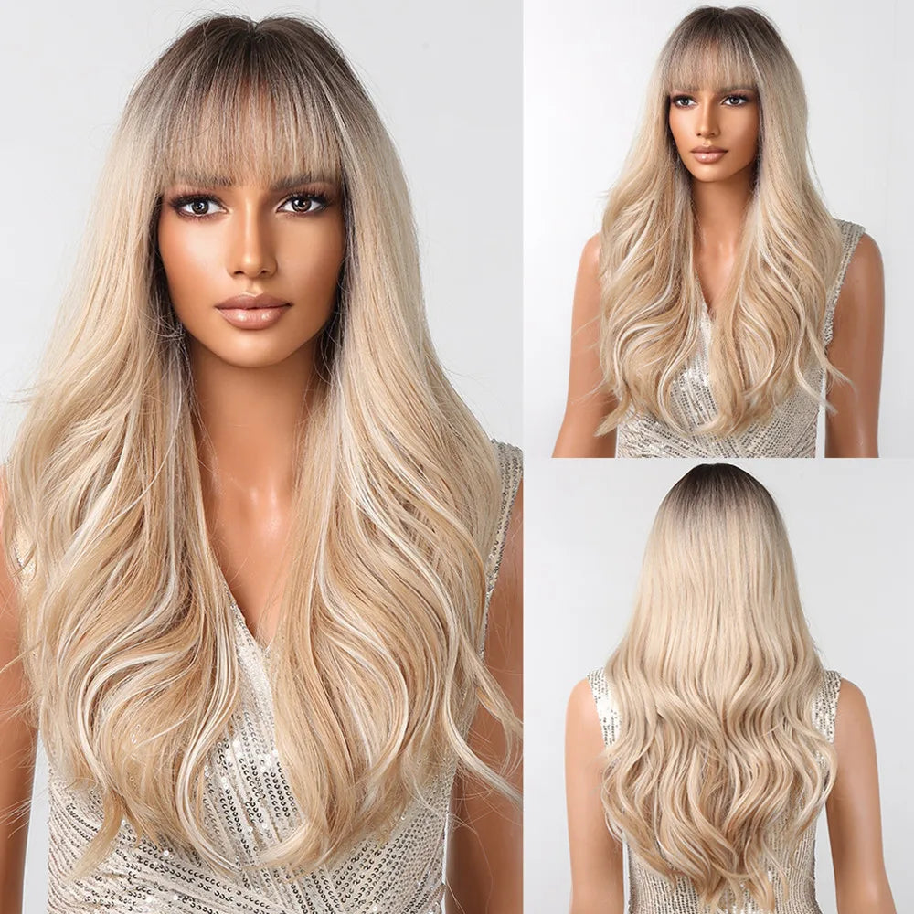the MADELEINE - Ombre Honey Brown Synthetic Hair Wigs, Long Natural Body Wavy Wig with Bangs, Realistic Daily Party Soft Wig Heat Resistant Fiber