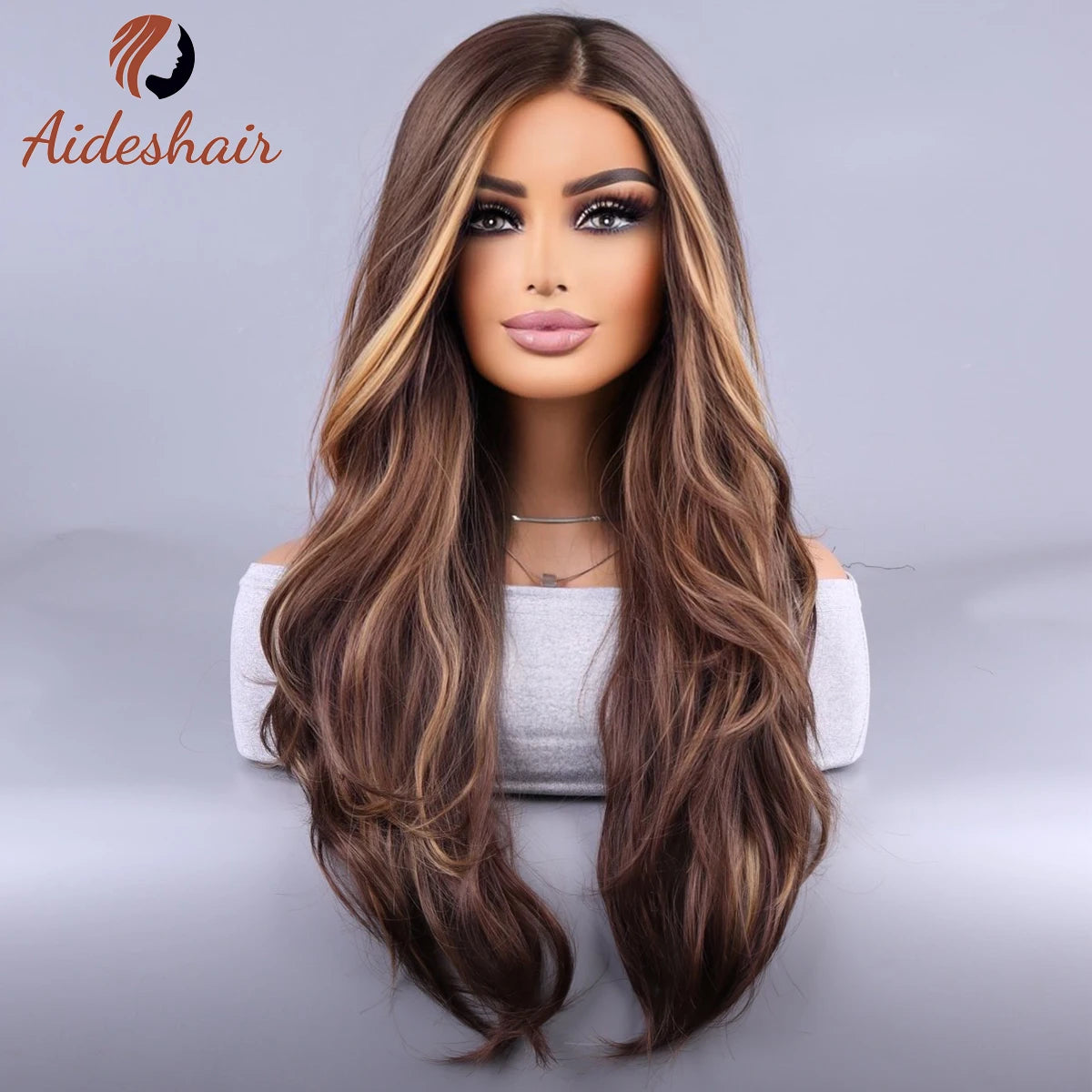 the BROOKE SHIELDS - Synthetic Wig European and American Mid-Section Curly Hair Wig, Female Hair Hanging Ear Highlights Fluffy Big Waves Mixed Brown