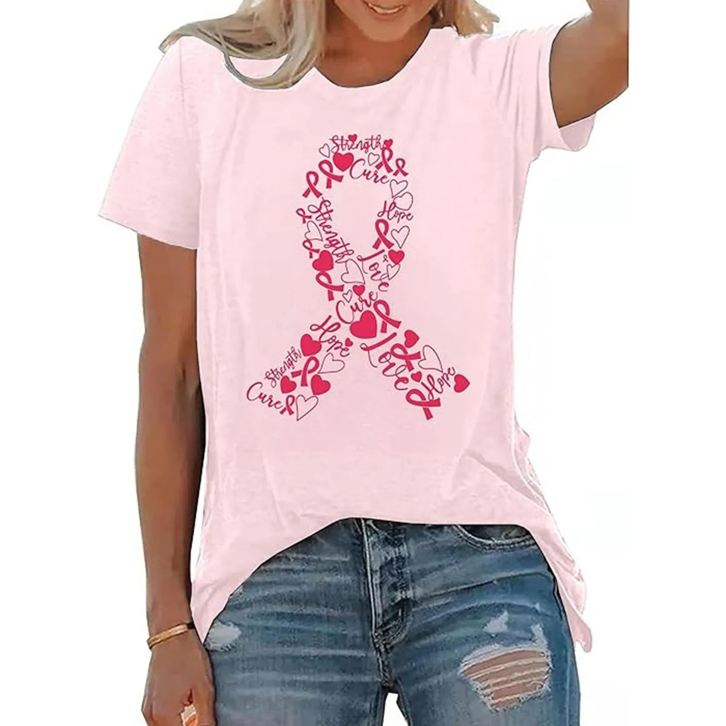 the LOVE RIBBON - Women Breast Cancer Print T-Shirt Short Sleeve Breast Cancer Awareness Tees Tops