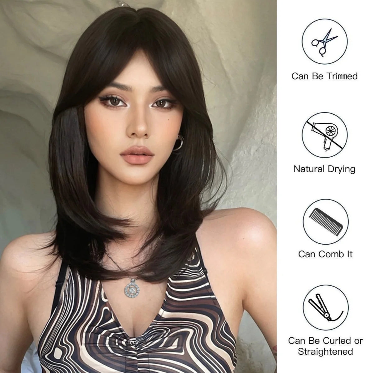 the MULAN - Shoulder Black Brown Layered Synthetic Natural Hair Wigs for Women, Straight Daily Women's Heat-Resistant Wig with Curtain Bangs