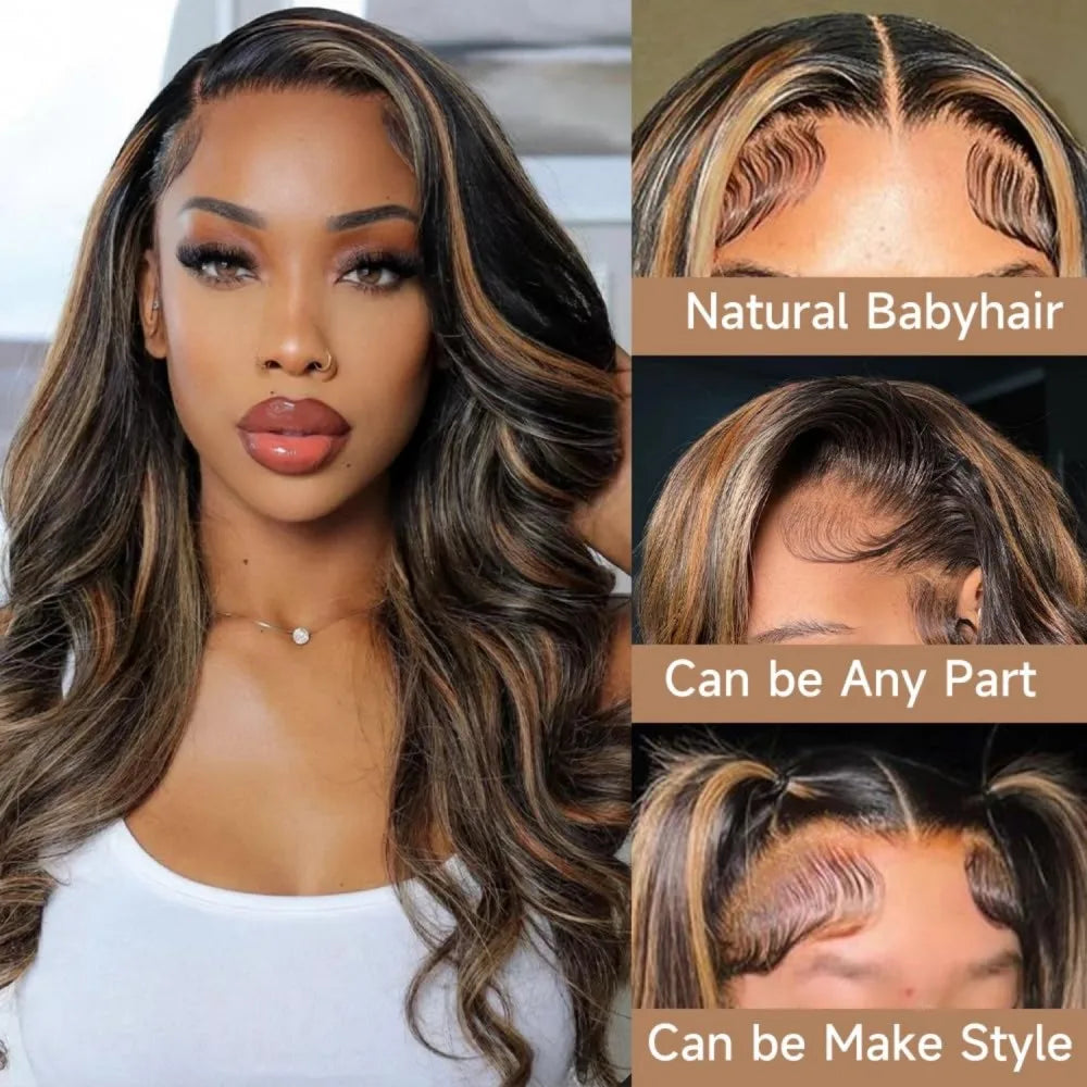 the NICKI - 32 Inch Highlight Lace Front Wig, Human Hair 1B/30 Body Wave Ombre Lace Front Wig, Human Hair 13x6 Lace Frontal Wigs 180 Density