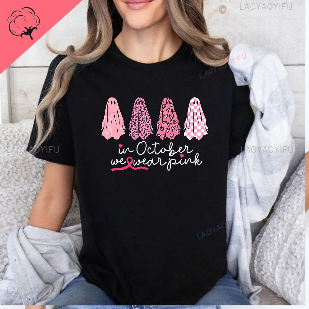 the OCTOBER COLLECTION - In October We Wear Pink Ghosts Cotton T-Shirt Breast Cancer Awareness Halloween T-Shirt Breast Cancer Support Tee