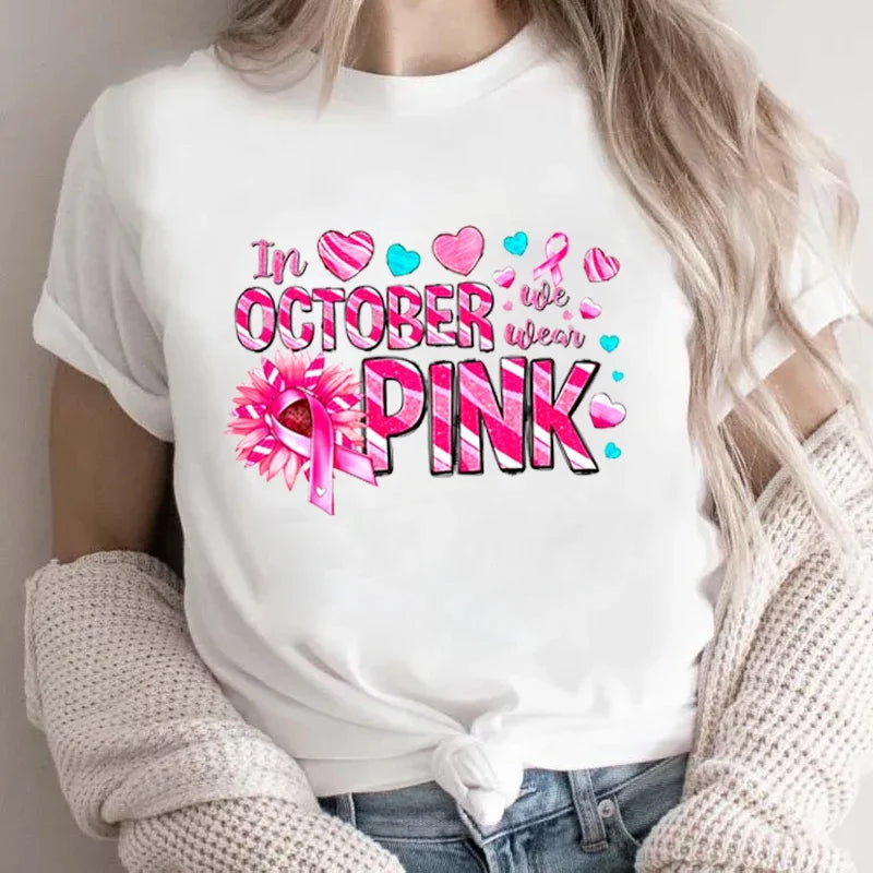 the OCTOBER PINK - In October We Wear Pink Short-Sleeved Shirts Pink Breast Cancer Awareness