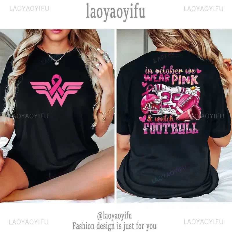 the PINK RIBBON COLLECTION - In October Pink We Wear Graphic T-Shirts for Women Breast Cancer Awareness