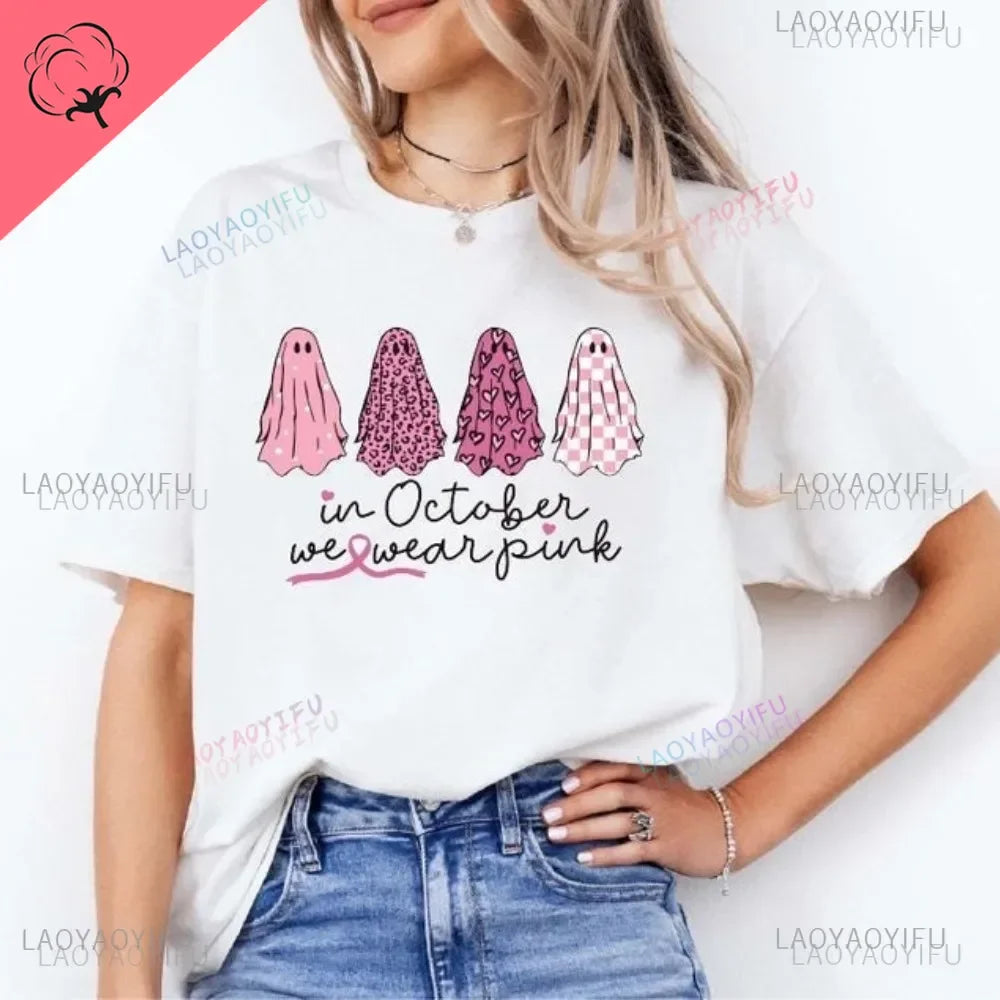 the OCTOBER COLLECTION - In October We Wear Pink Ghosts Cotton T-Shirt Breast Cancer Awareness Halloween T-Shirt Breast Cancer Support Tee
