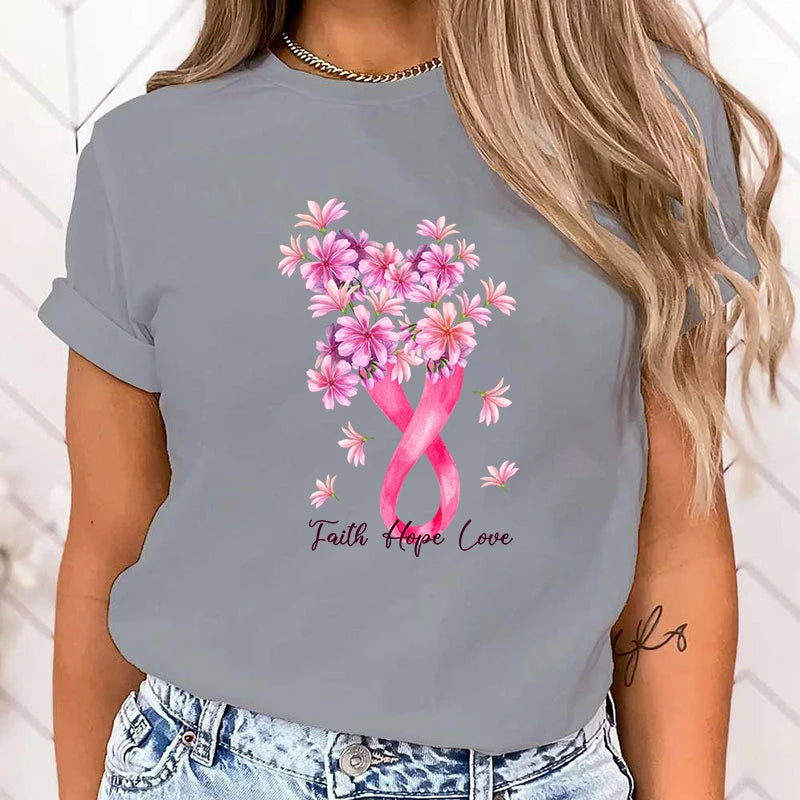 the FLORAL RIBBON - Breast Cancer Awareness Faith Hope Love Print T-Shirt Short Sleeve O Neck Loose Women Summer Cool T-Shirt