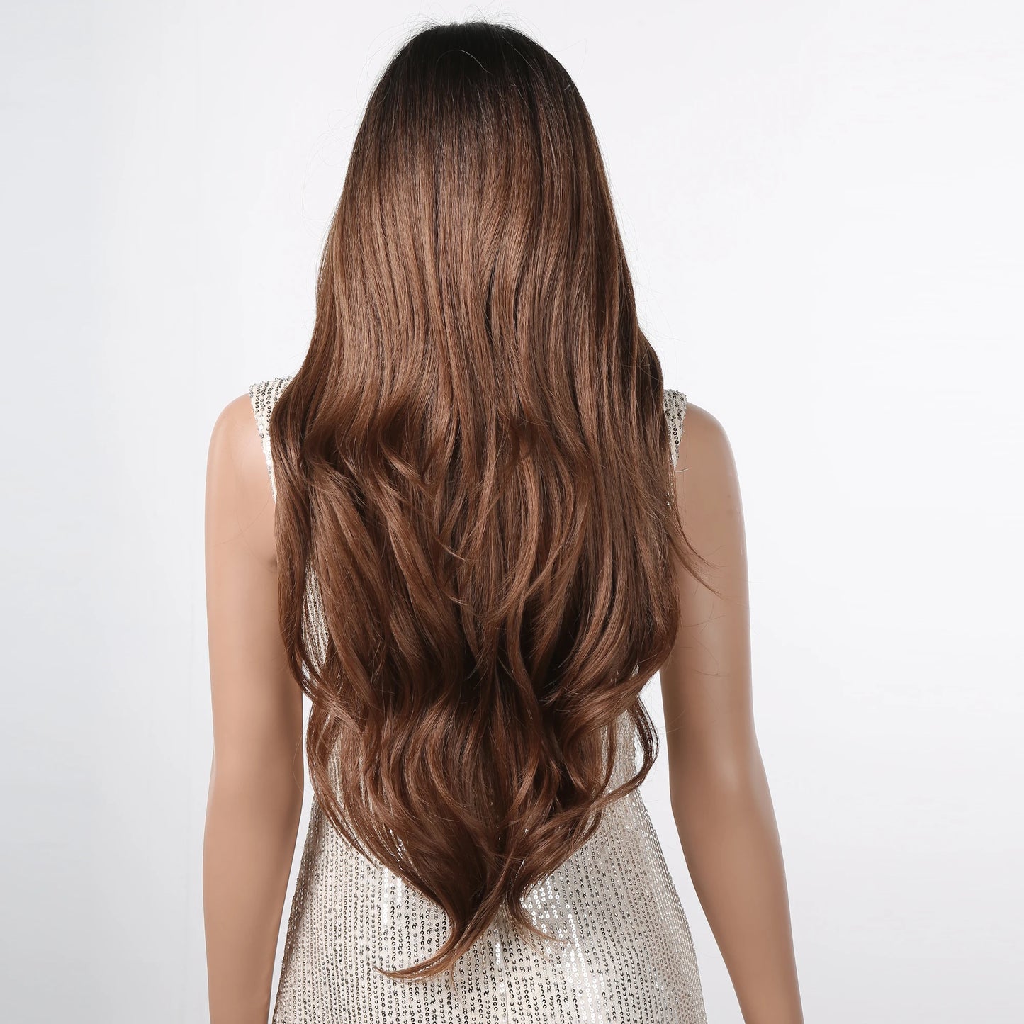 the MADELEINE - Ombre Honey Brown Synthetic Hair Wigs, Long Natural Body Wavy Wig with Bangs, Realistic Daily Party Soft Wig Heat Resistant Fiber