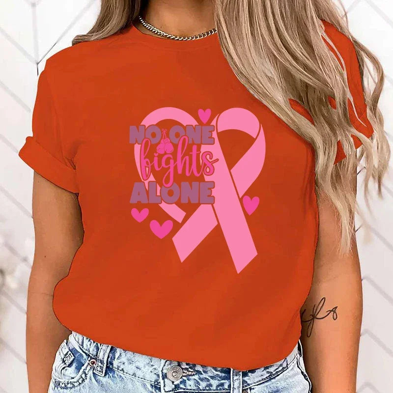 the NOT ALONE - High Quality Breast Cancer Awareness No One Fights Alone Print T-Shirt for Women