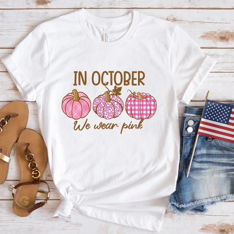 the PUMPKIN PATCH - Breast Cancer Awareness In October We Wear Pink Print Short Sleeve Casual T-Shirts