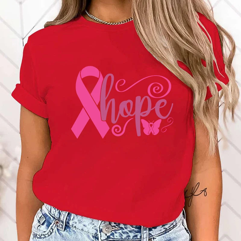 the HOPE RIBBON - Breast Cancer Awareness Hope Print Short Sleeve T-Shirts for Women