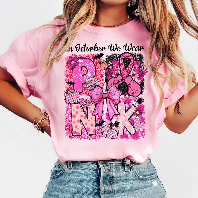 the WE WEAR PINK - In October We Wear Pink Halloween Breast Cancer Pumpkin Retro Halloween, Pink Ribbon Halloween Boxing Glove