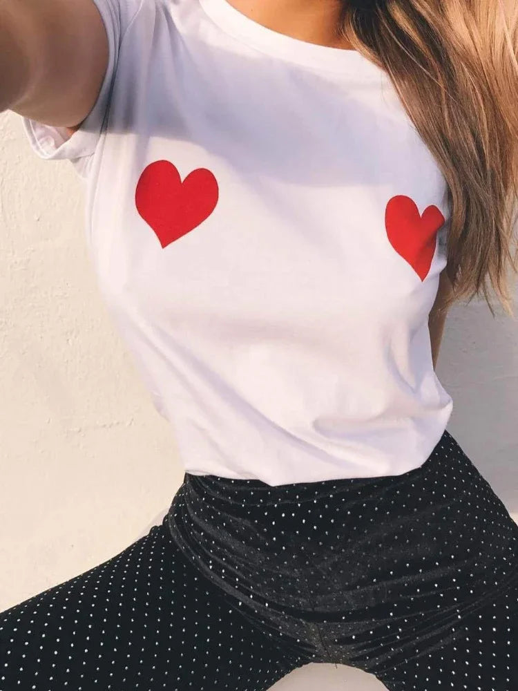the X MARKS THE SPOT - Funny Breast Heart Print T-Shirt, Women Short Sleeve O-Neck Loose T-Shirt, Summer Ladies Tee Shirt Tops Clothes
